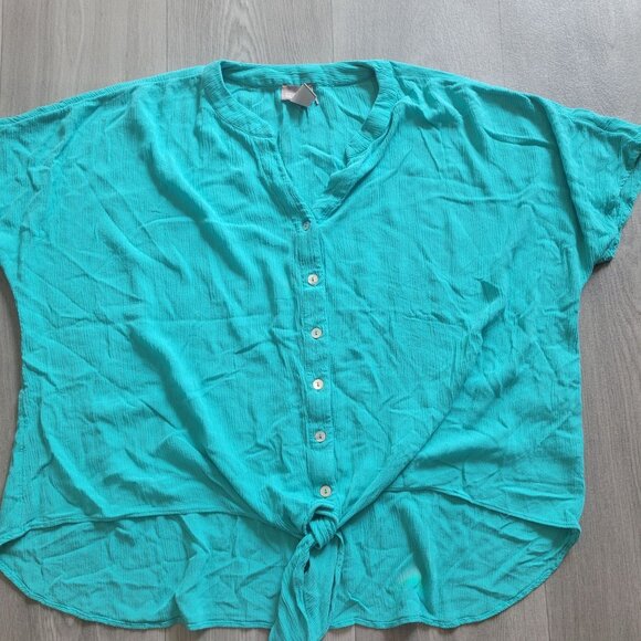 Chicos Womens Button-Up Tie-Front Blouse Size 2 Turquoise Large - Picture 5 of 7